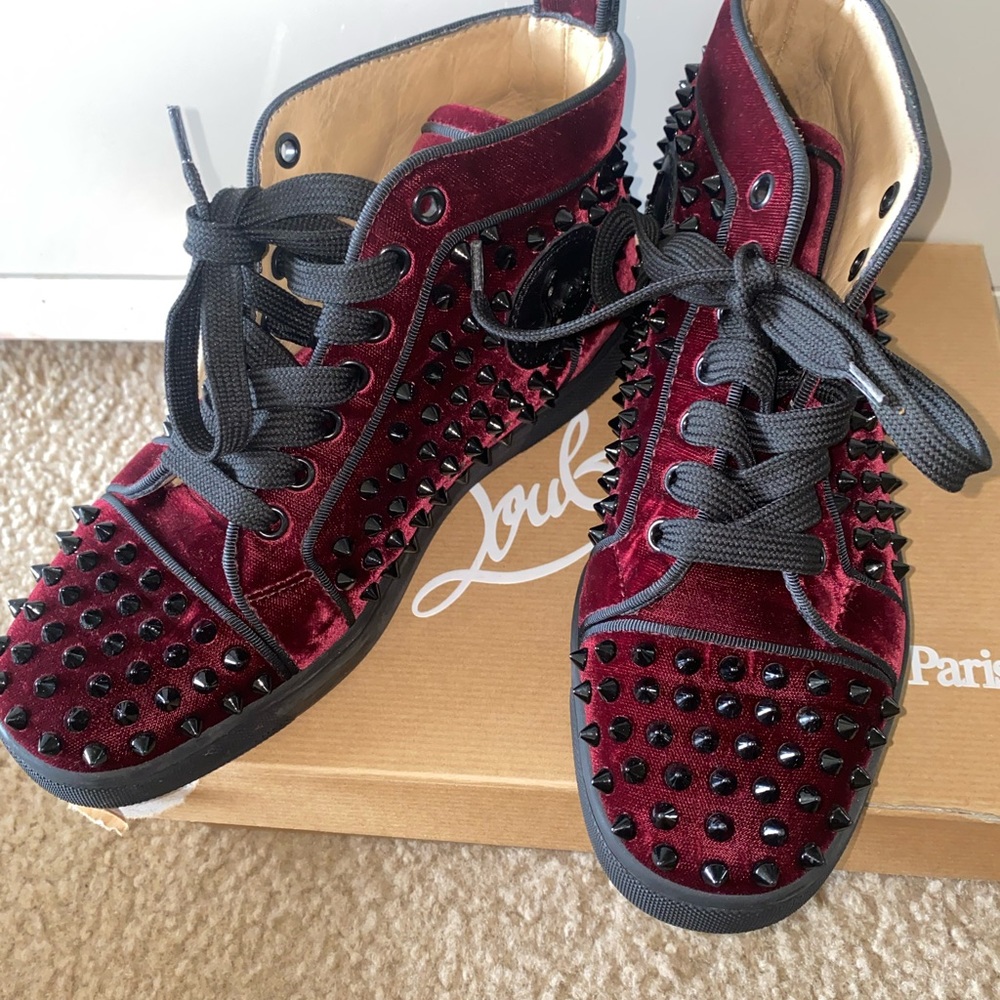 Burgundy Christian Louboutin sneakers one shoe lace is ruined